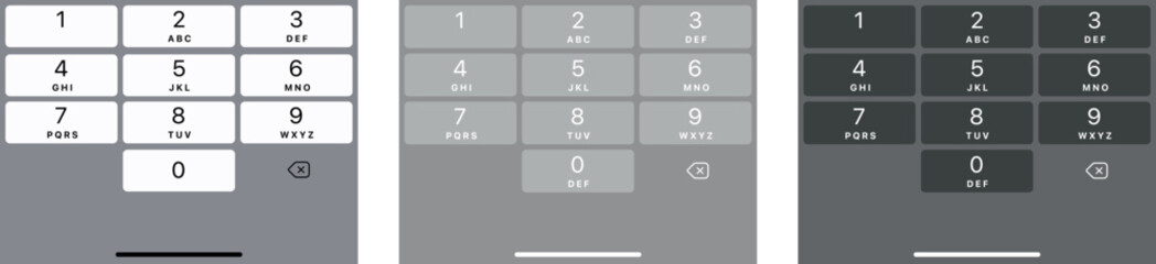 Smartphone dial keypad with numbers and letter set. Black, white and grey collection of interface keypad for touchscreen device. Dialing numbers phone on smartphone screen. Mobile phone keypad design.