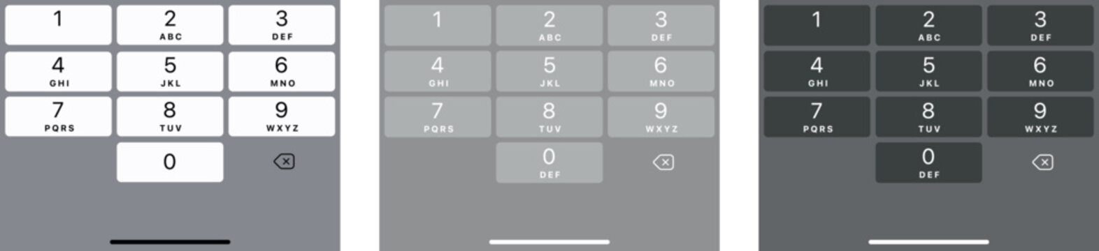 Smartphone dial keypad with numbers and letter set. Black, white and grey collection of interface keypad for touchscreen device. Dialing numbers phone on smartphone screen. Mobile phone keypad design.