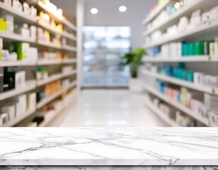 Empty white marble counter with blur pharmacy drugstore shelves background