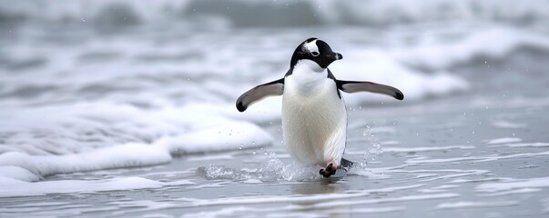 Obraz premium A curious penguin waddling along the icy shore, its black and white plumage contrasting with the white snow.