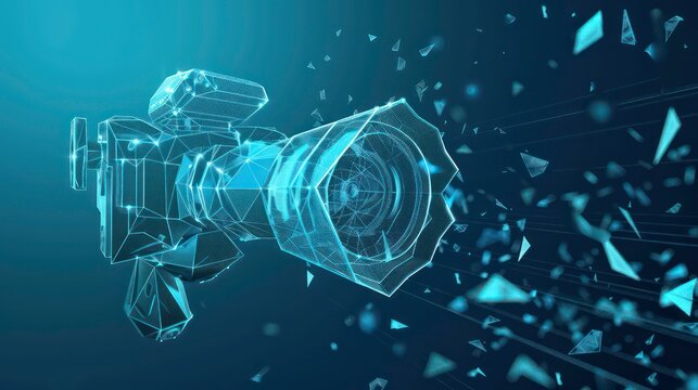 A polygonal movie camera with a video concept, depicted through vector cinema mesh spheres flying amidst debris. This thin line concept is illustrated in a blue structural style