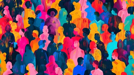 Vibrant multi-ethnic community seamless pattern: colorful diverse people crowd abstract art illustration reflecting cultural diversity in modern collage painting style


