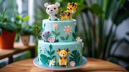 Cake with cartoon animals for 1 year old on wooden table with plants