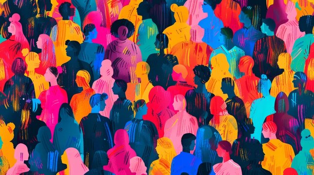 Vibrant multi-ethnic community seamless pattern: colorful diverse people crowd abstract art illustration reflecting cultural diversity in modern collage painting style


