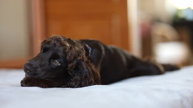 A young dark brown English cocker spaniel chewing a piece of carrot. A young dark brown English cocker spaniel on the bed chews a carrot. Happy puppy, soft focus