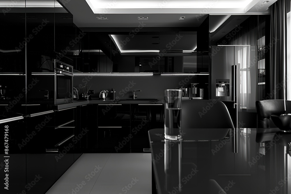 Canvas Prints Modern stylish kitchen interior design details. Monochrome black kitchen, with glossy black cabinets and gray tabletop