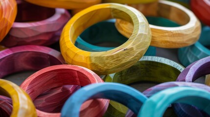 Vibrant ring-shaped wooden pieces representing diversity and inclusion in society, symbolizing unity and multiculturalism


