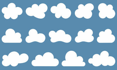 Various shapes of cute flat white clouds, isolated on blue background