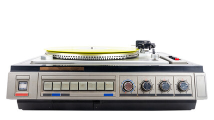 Obraz premium Vintage turntable record player with yellow vinyl isolated on white background.
