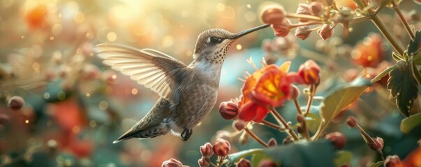 Fototapeta premium A tiny hummingbird hovering in front of a flower, its wings beating so fast they are almost invisible.