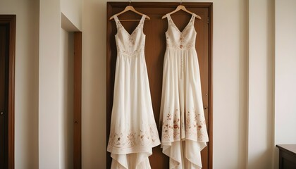 Detailed HD shot of a handmade wedding dress with beautifully embroidered flowers, draped on a wooden hanger.