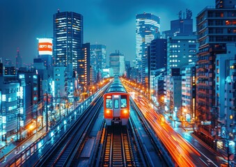 Obraz premium Night Train in the City Lights of Tokyo