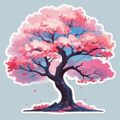 Sticker of an exotic cherry blossom tree. 3D cartoon style with dynamic colors, isolated on a simple background.