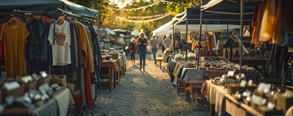 A bustling flea market with vendors selling vintage clothing and trinkets.