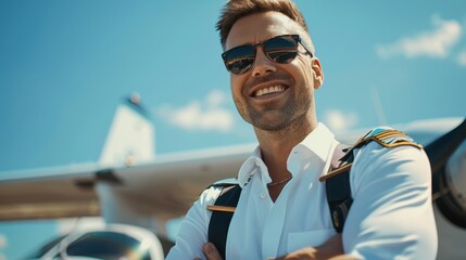 A pilot wearing sunglasses smiles near a private plane