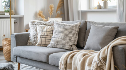 Cozy gray couch with a light and fluffy decor accent in a modern living area.