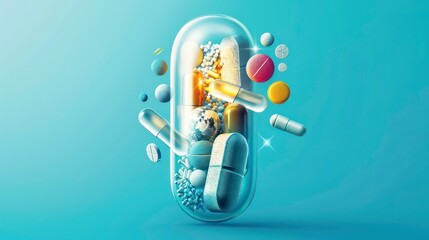 A vector illustration featuring minerals like Mg (magnesium) and vitamins encapsulated within a translucent capsule. Macronutrients and dietary supplements, set against a blue gradient background