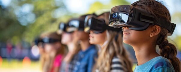 A group of students using virtual reality headsets, exploring immersive digital worlds and expanding their knowledge.