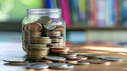Coins in glass jar on wooden table, Saving money for prepare in the future.