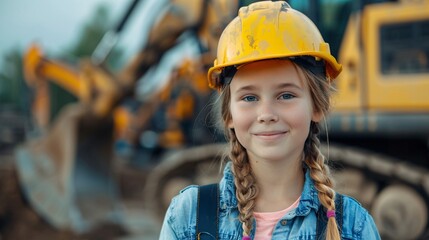 Portrait of a little girl in a construction hard helmet.