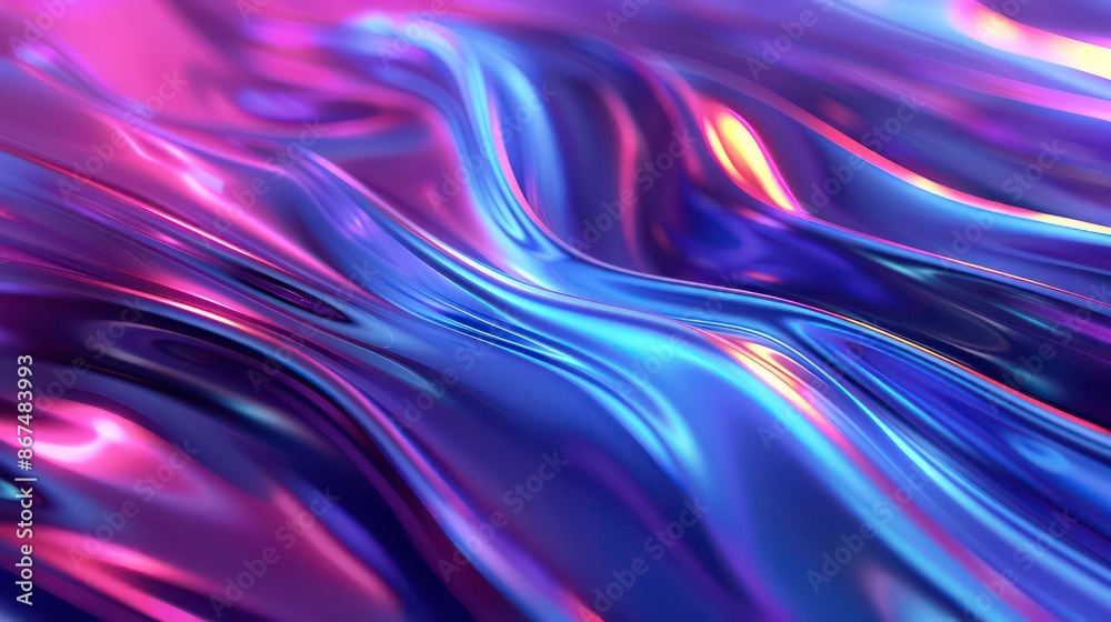 Wall mural abstract fluid iridescent holographic neon curved wave in motion colorful background 3d render. grad