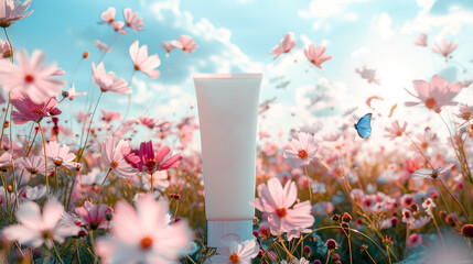 Mockup white cream tube in a field of pink cosmos flowers, with a blue butterfly fluttering above. The sun shines brightly in the sky, creating a dreamy and beautiful scene. Copy space