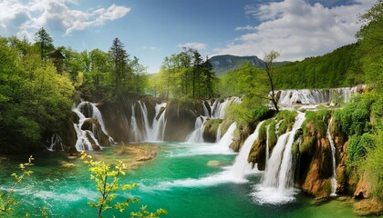 Naklejka premium Dramatic waterfalls cascading into emerald pools.