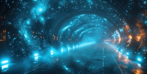 Obraz premium Sci-Fi Tunnel with Neon Lights and Starry Ceiling
