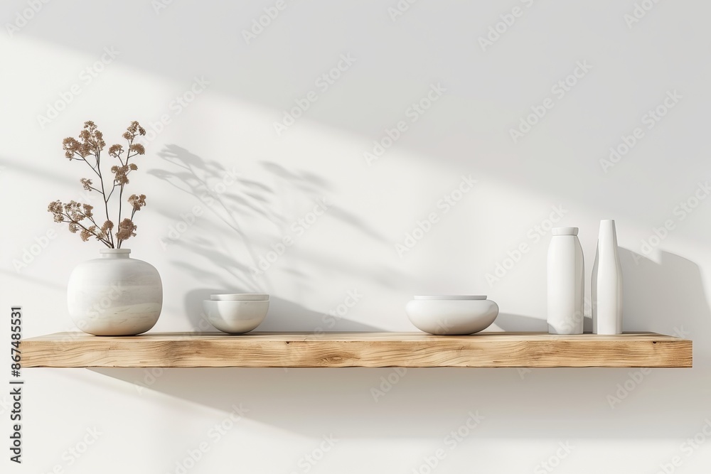 Poster a serene wallpaper with a simple wooden shelf carrying a vase, plates, books creating a clean backgr