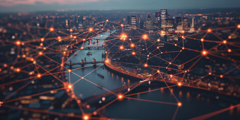 Aerial View of City Skyline at Night with Glowing Network Connections, Futuristic Smart City Concept Illustrating Internet of Things and Urban Data Flow, Modern Cityscape with Digital Overlay