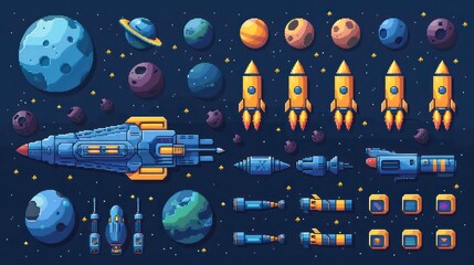 An 8bit pixel art game asset collection, featuring space planets, rockets, and starcraft, alongside a vector font and pixelated game buttons, offering 8 bit pixel game navigation buttons, power bars