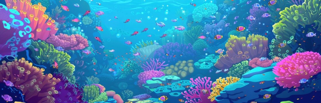 Vibrant coral reef teeming with colorful fish. Beautiful underwater scene for ocean conservation, marine life, and aquatic themes.