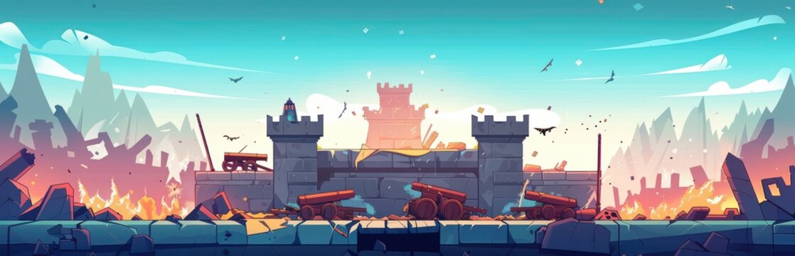 Epic Battlefield with Burning Castle. Cartoon Illustration of War and Destruction