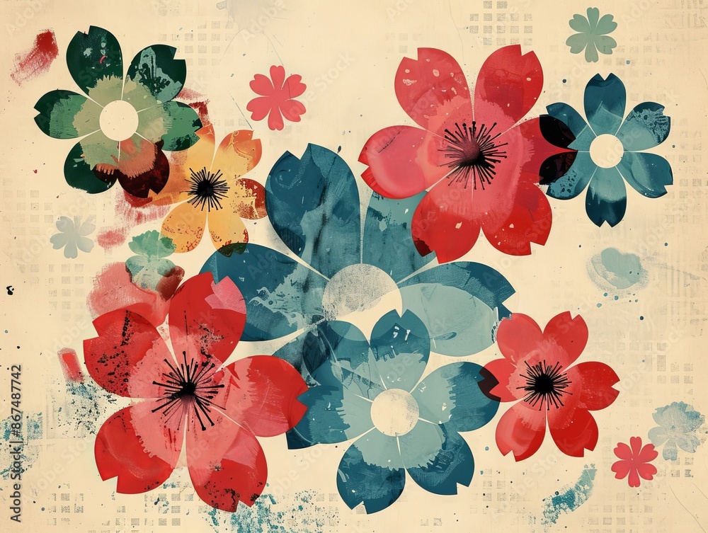 Poster A vintage floral art wallpaper showing vibrant retro flowers on textured background, ideal for a nostalgic background