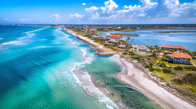 Sandy beach with a clear blue ocean and houses on a peninsula in St. Augustine, Florida.