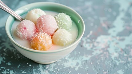 'Khanom Bua Loi,' colorful rice flour balls in sweet coconut milk, served in a bowl with a spoon, capturing the rich and creamy texture