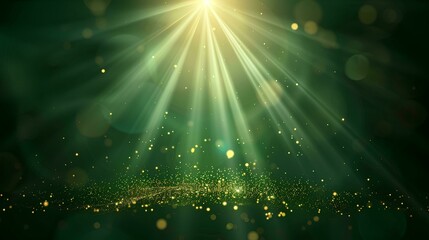 A glowing golden light shines on the dark green background, abstract and magical effect with rays of sunbeams for St Patrick's Day celebration or other events.