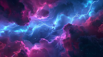 lightning in the universe, with a pink and blue light background, stars, galaxies, and a dark sky blue and purple color scheme.