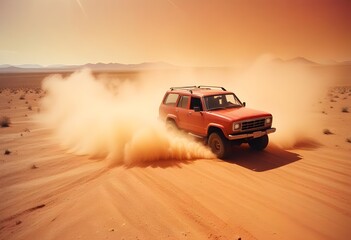 Orange offroad 4x4 vehicle running in a sand desert with dust, drifting, orange sky