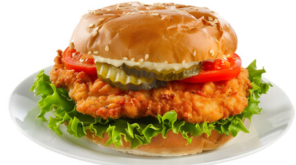  A chicken schnitzel sandwich with lettuce, tomato, and pickles on a soft bun isolated on a transparent background 