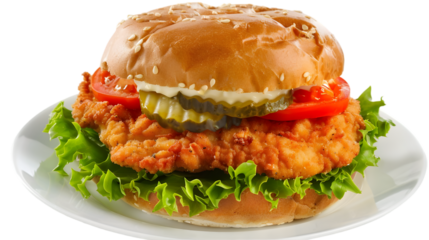  A chicken schnitzel sandwich with lettuce, tomato, and pickles on a soft bun isolated on a transparent background 