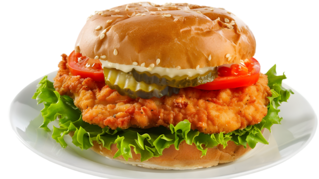  A chicken schnitzel sandwich with lettuce, tomato, and pickles on a soft bun isolated on a transparent background 