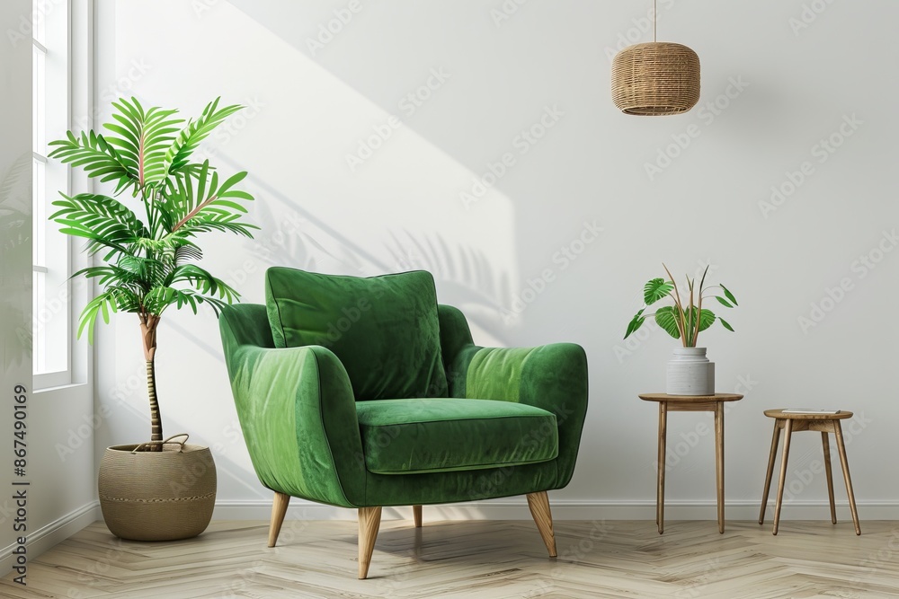 Sticker Plush green armchair with tropical plants enhancing a modern living wallpaper or serene background