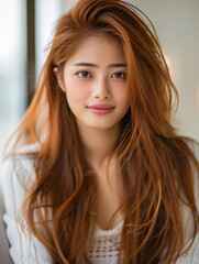 Naklejka premium Close up portrait of a yearold beautiful Chinese woman with long brownish yellow hair, in natural light.