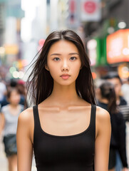 Vibrant fashion photo of a mixedrace young lady in a tank top on a busy Hong Kong street, showcasing realistic style and natural beauty.