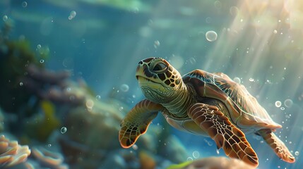 Fototapeta premium Cute sea turtle cartoon isolated on white background. 