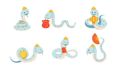 Cartoon Color Different Cute Funny Snakes Set Symbol of Chinese New Year Concept Flat Design Style. Vector illustration