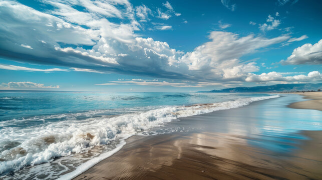 Stunning view of the vast blue Pacific Ocean with rolling waves crashing onto the silky brown sands of Rincon Beach in Ventura, California. Majestic clouds paint the sky above.
