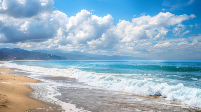 Stunning view of the vast blue Pacific Ocean with rolling waves crashing onto the silky brown sands of Rincon Beach in Ventura, California. Majestic clouds paint the sky above.