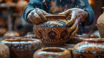 View the intricately shaped, molded, and painted handmade pottery from a side perspective, showcasing the artisans' mastery